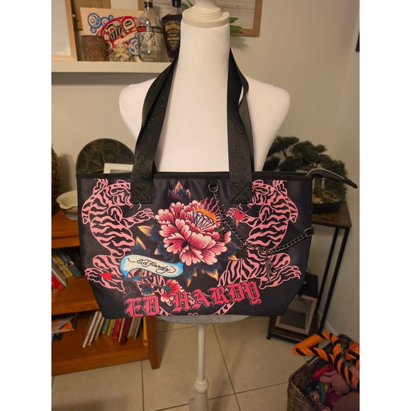Ed Hardy Handbags - Ed Hardy Tote Bag Black Pink Tiger Tattoo Print Y2K Streetwear Shoulder Bag